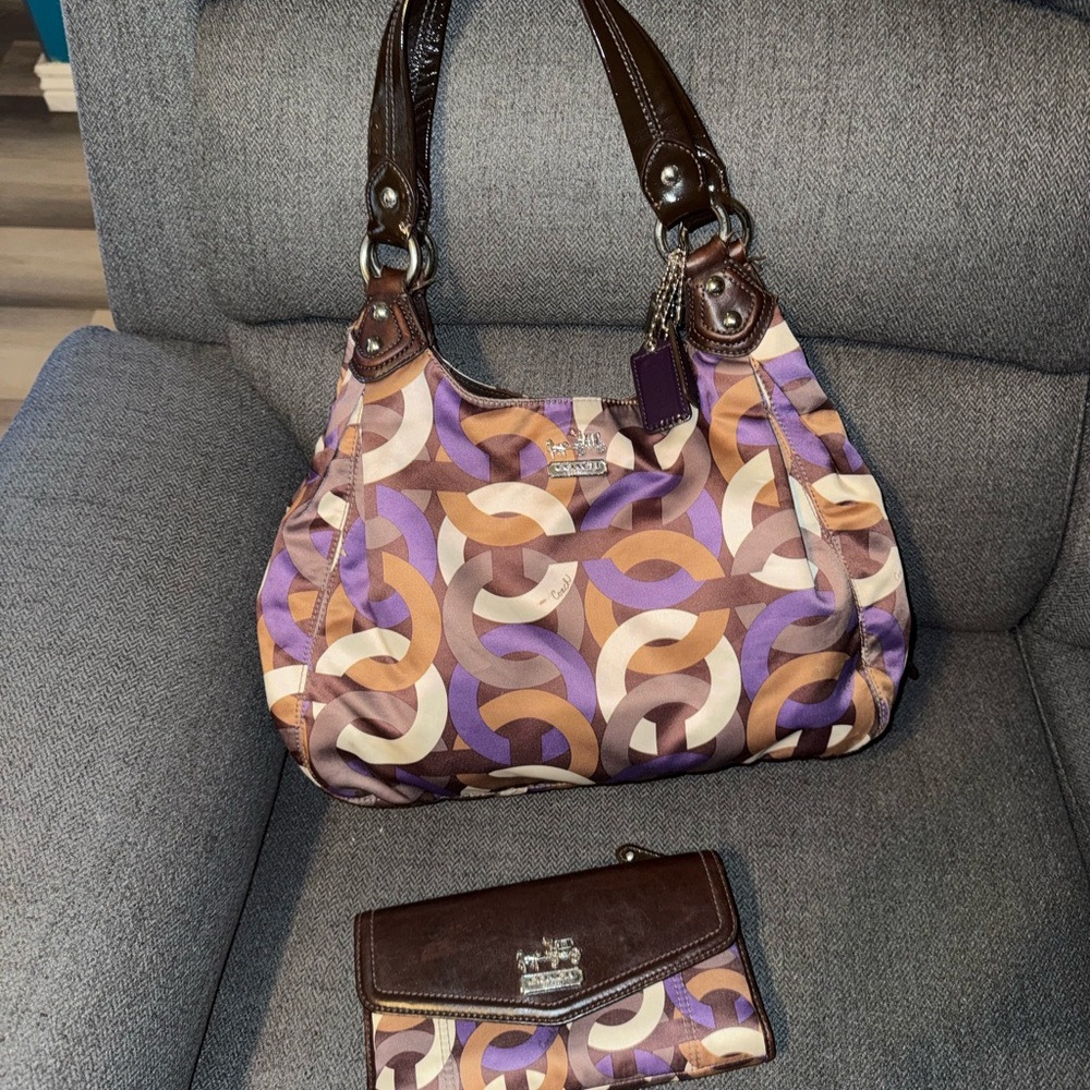 Coach Brown, Purple & Cream Signature Link Shoulder Bag with Matching Wallet